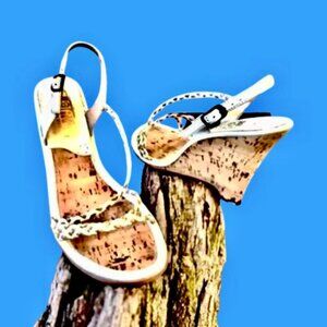 Latinas Vintage 80's White Leather Slingback Cork Wedge Sandal FLAW
